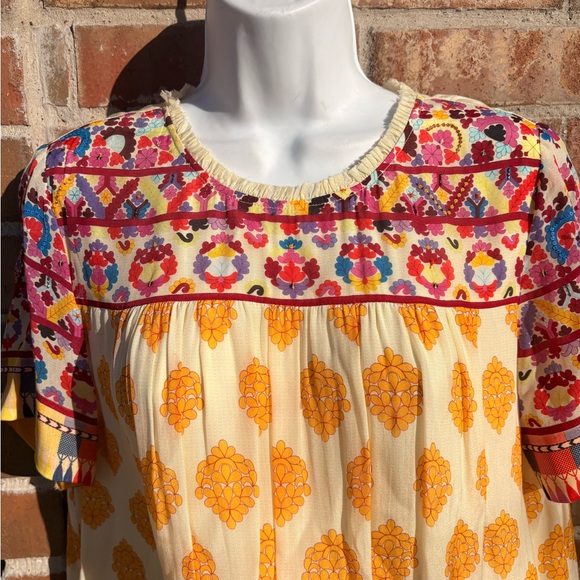 Anthropologie TANVI KEDIA S Caltha Swing DressYellow Red Beaded Boho - Picture 7 of 11